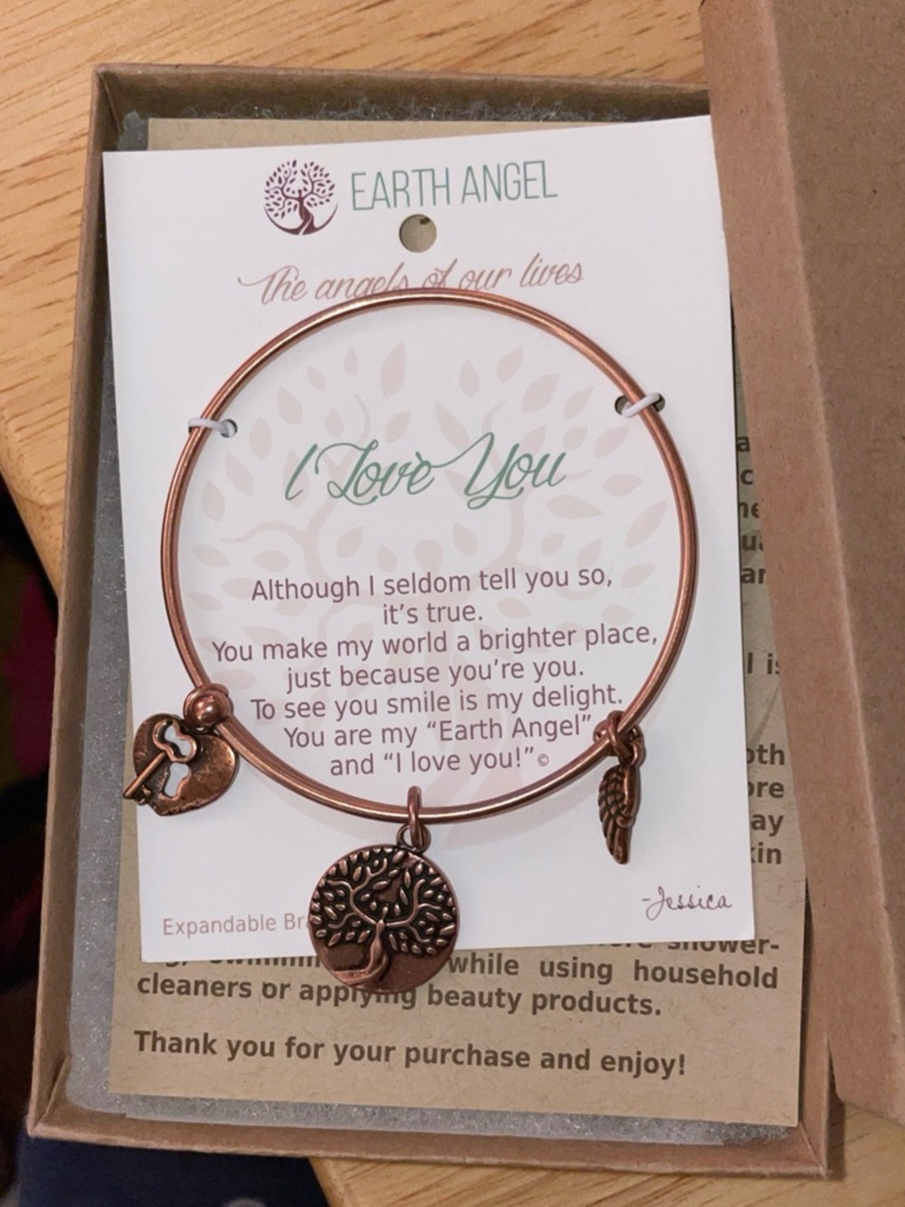 Earth Angel ancient cooper tone Charm Bangle with Tree, Wing & Heart Charms